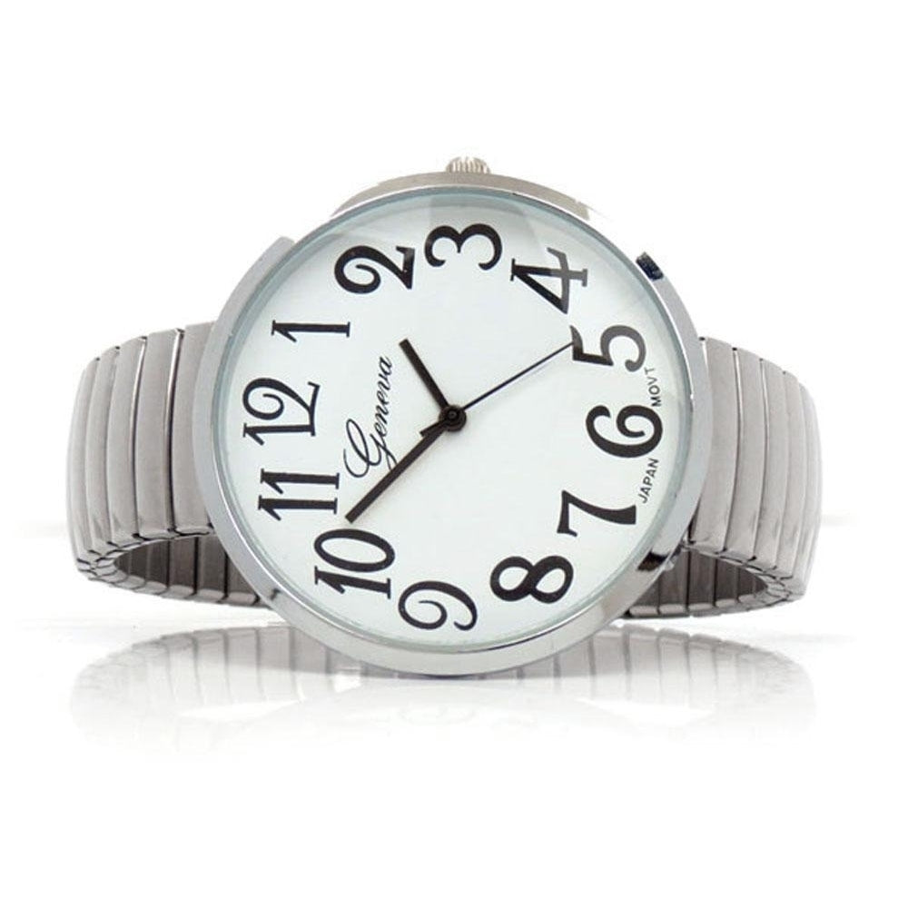 Silver Super Size Round Face Easy to Read Stretch Band Watch Image 2