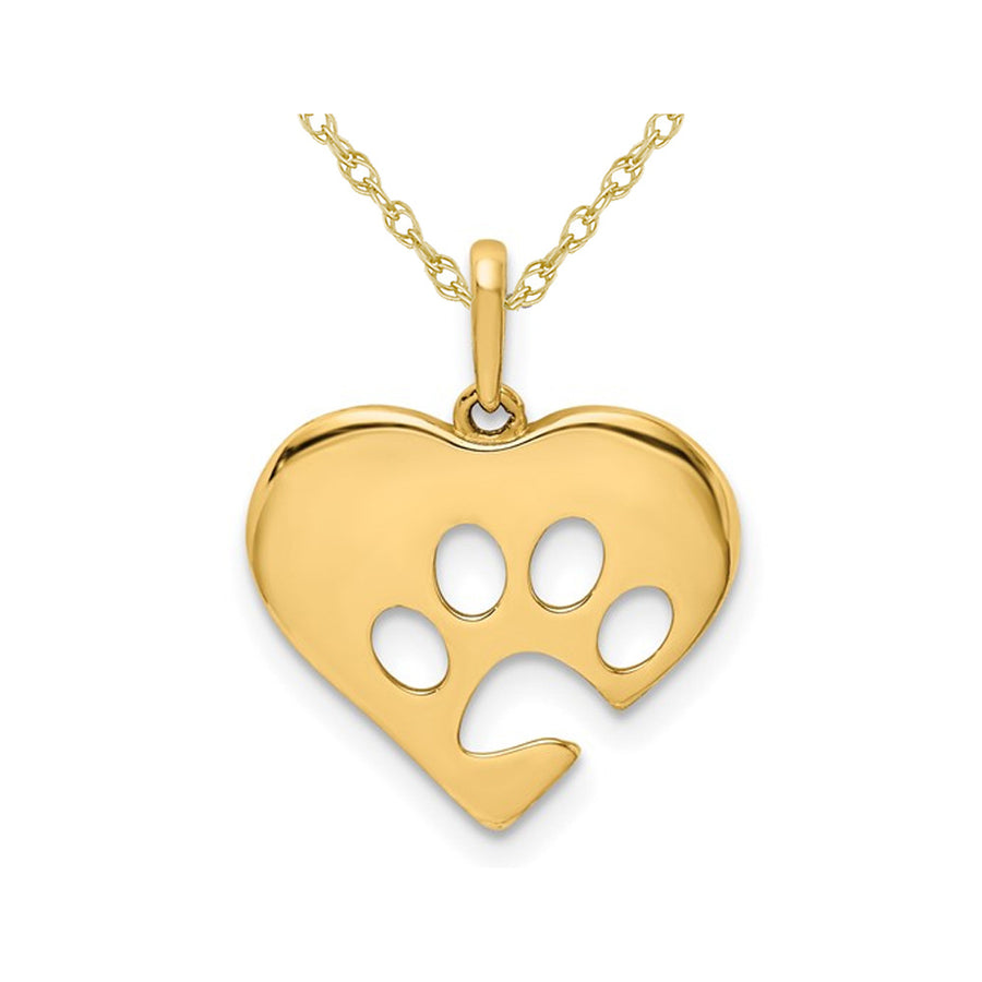 14K Yellow Gold Polished Heart with Paw Print Pendant Necklace with Chain Image 1