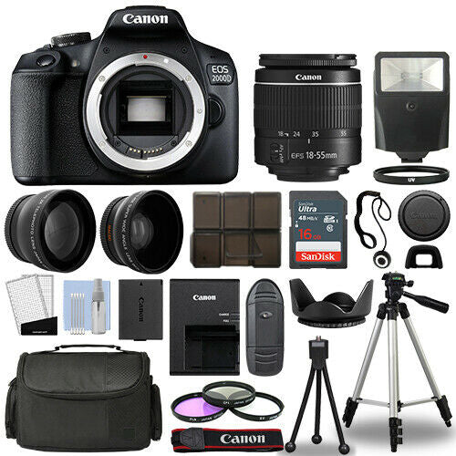Canon EOS 2000D / Rebel T7 SLR Camera + 3 Lens Kit 18-55mm + 16GB + Flash and More Image 1