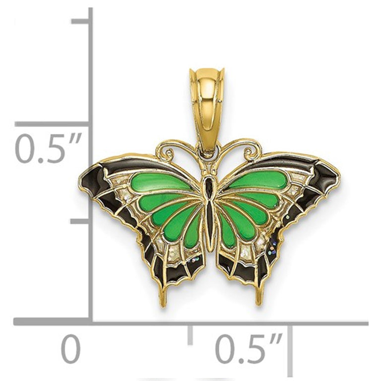 Green Butterfly Charm Pendant Necklace in 10K Yellow Gold with Chain Image 2