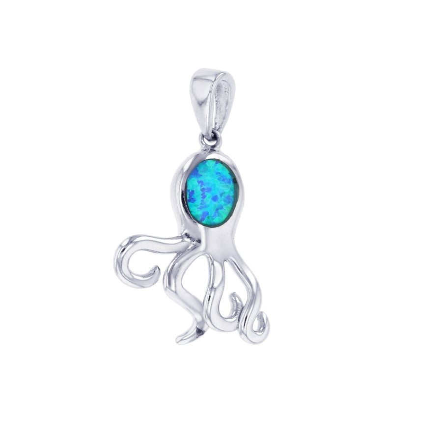 Silver Sterling Created Blue Opal Octopus Pendant Necklace. Image 1