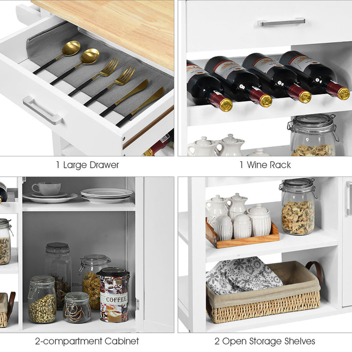 4-Tier Wood Kitchen Island Trolley Cart Storage Cabinet w/ Wine Rack White Image 4