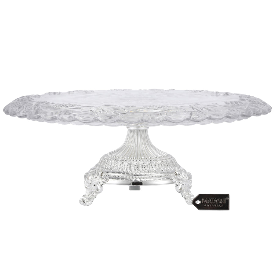 Matashi Glass Etched Cake Plate CenterpieceRound Serving Platter w Silver Plated Pedestal Base for Image 1