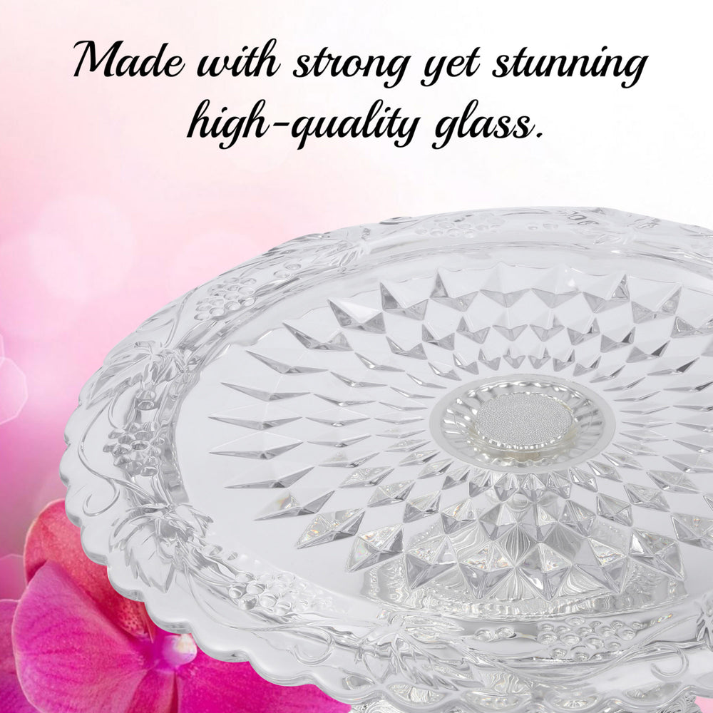 Matashi Glass Etched Cake Plate CenterpieceRound Serving Platter w Silver Plated Pedestal Base for Image 2