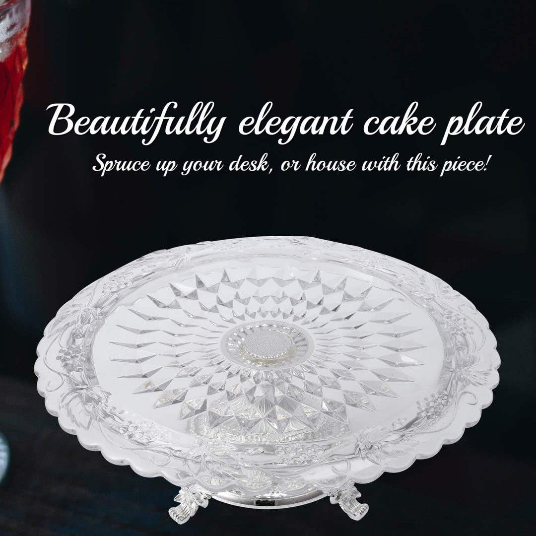 Matashi Glass Etched Cake Plate CenterpieceRound Serving Platter w Silver Plated Pedestal Base for Image 3