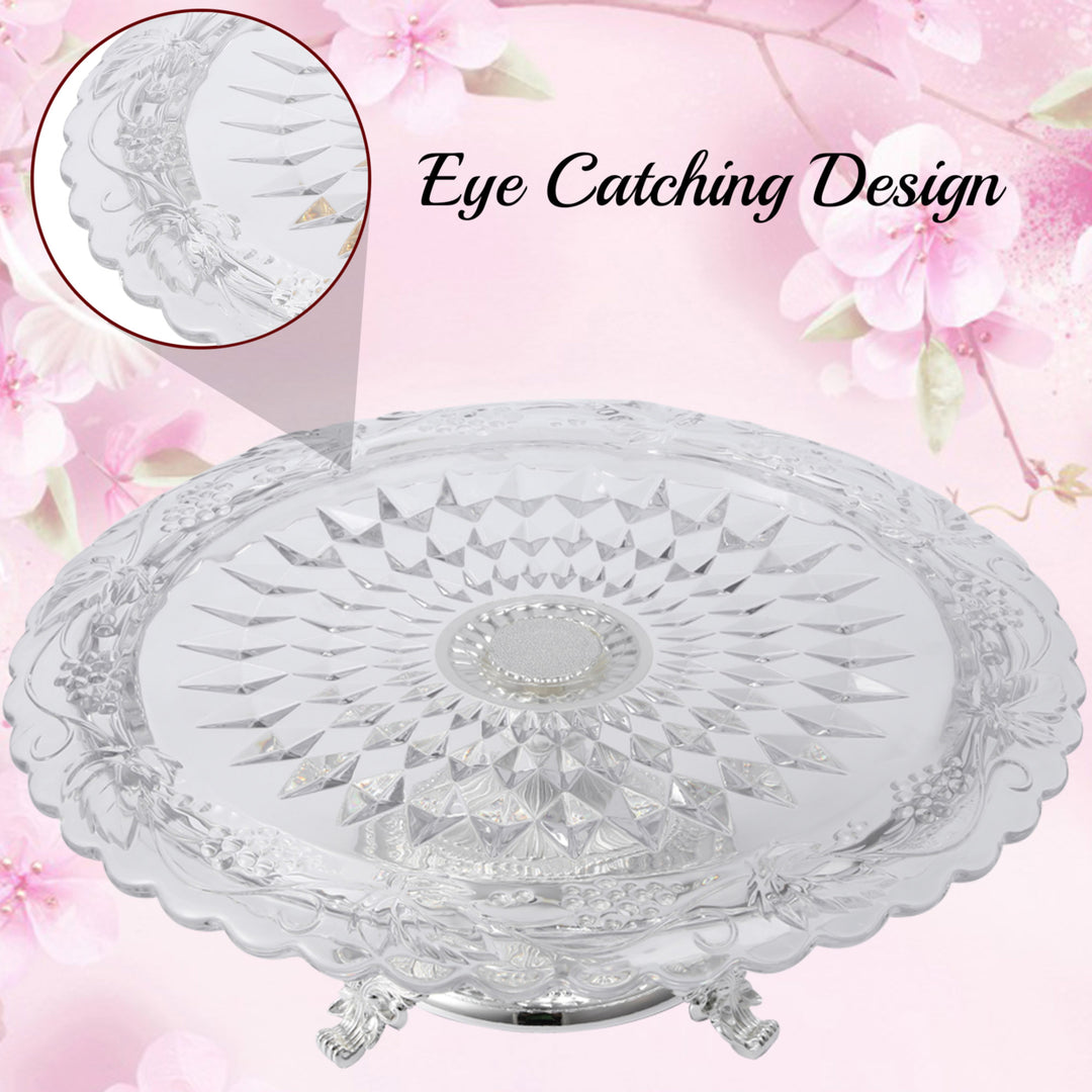 Matashi Glass Etched Cake Plate CenterpieceRound Serving Platter w Silver Plated Pedestal Base for Image 4