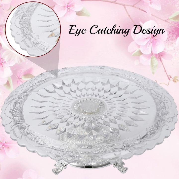 Matashi Glass Etched Cake Plate CenterpieceRound Serving Platter w Silver Plated Pedestal Base for Image 4