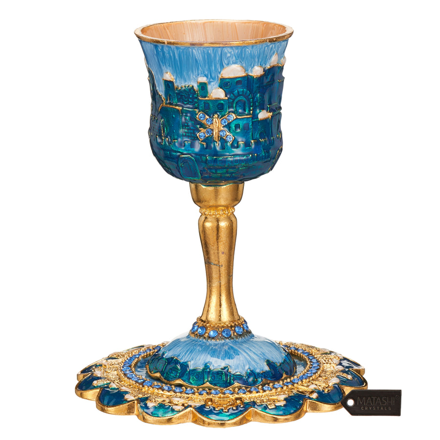 Matashi Hand-Painted Enamel Tall Kiddush Cup Set w Stem and Tray w Crystals and Jerusalem Cityscape Goblet Judaica Gift Image 1
