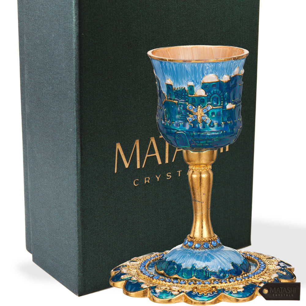 Matashi Hand-Painted Enamel Tall Kiddush Cup Set w Stem and Tray w Crystals and Jerusalem Cityscape Goblet Judaica Gift Image 2
