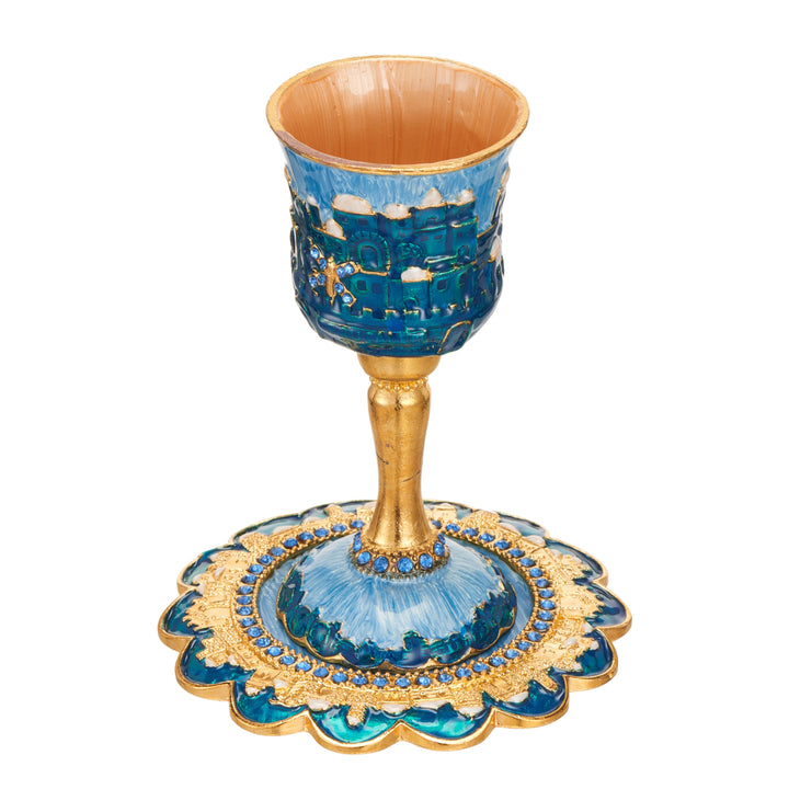 Matashi Hand-Painted Enamel Tall Kiddush Cup Set w Stem and Tray w Crystals and Jerusalem Cityscape Goblet Judaica Gift Image 4