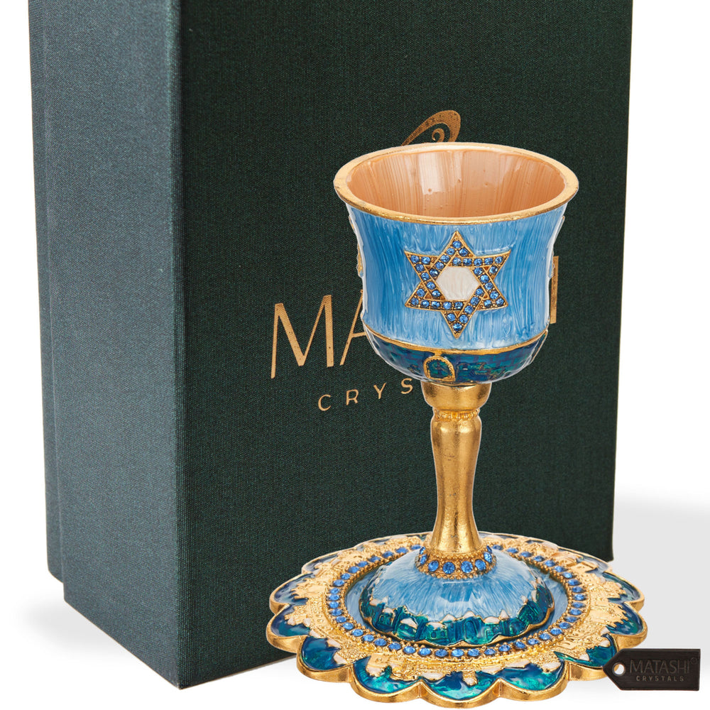 Matashi Hand-Painted Enamel Tall Kiddush Cup Set w Stem and Tray w Crystals and Star of David Design Passover Image 2