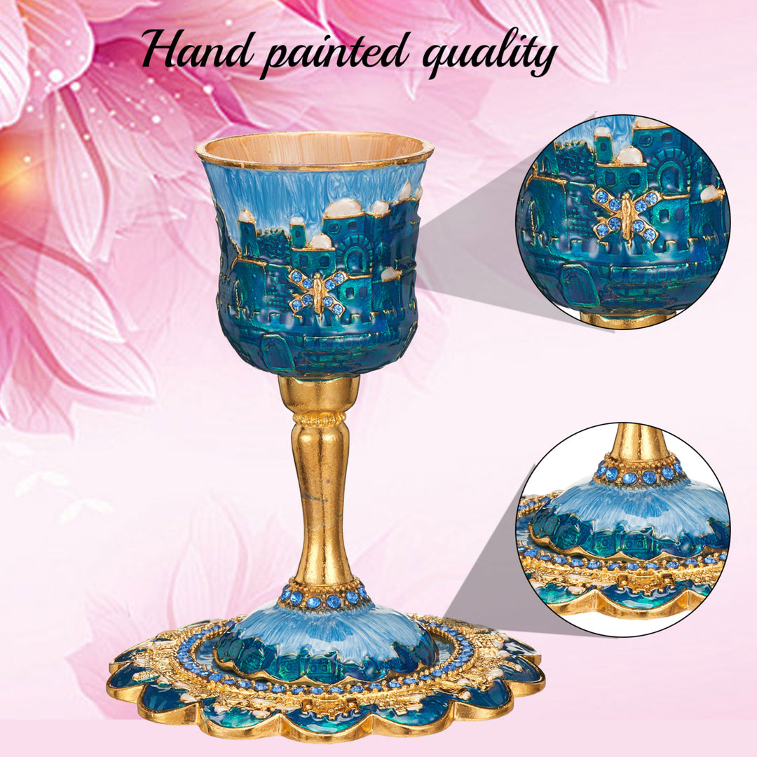 Matashi Hand-Painted Enamel Tall Kiddush Cup Set w Stem and Tray w Crystals and Jerusalem Cityscape Goblet Judaica Gift Image 6