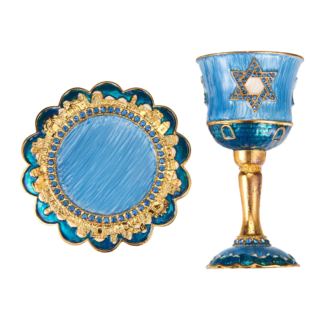 Matashi Hand-Painted Enamel Tall Kiddush Cup Set w Stem and Tray w Crystals and Star of David Design Passover Image 3