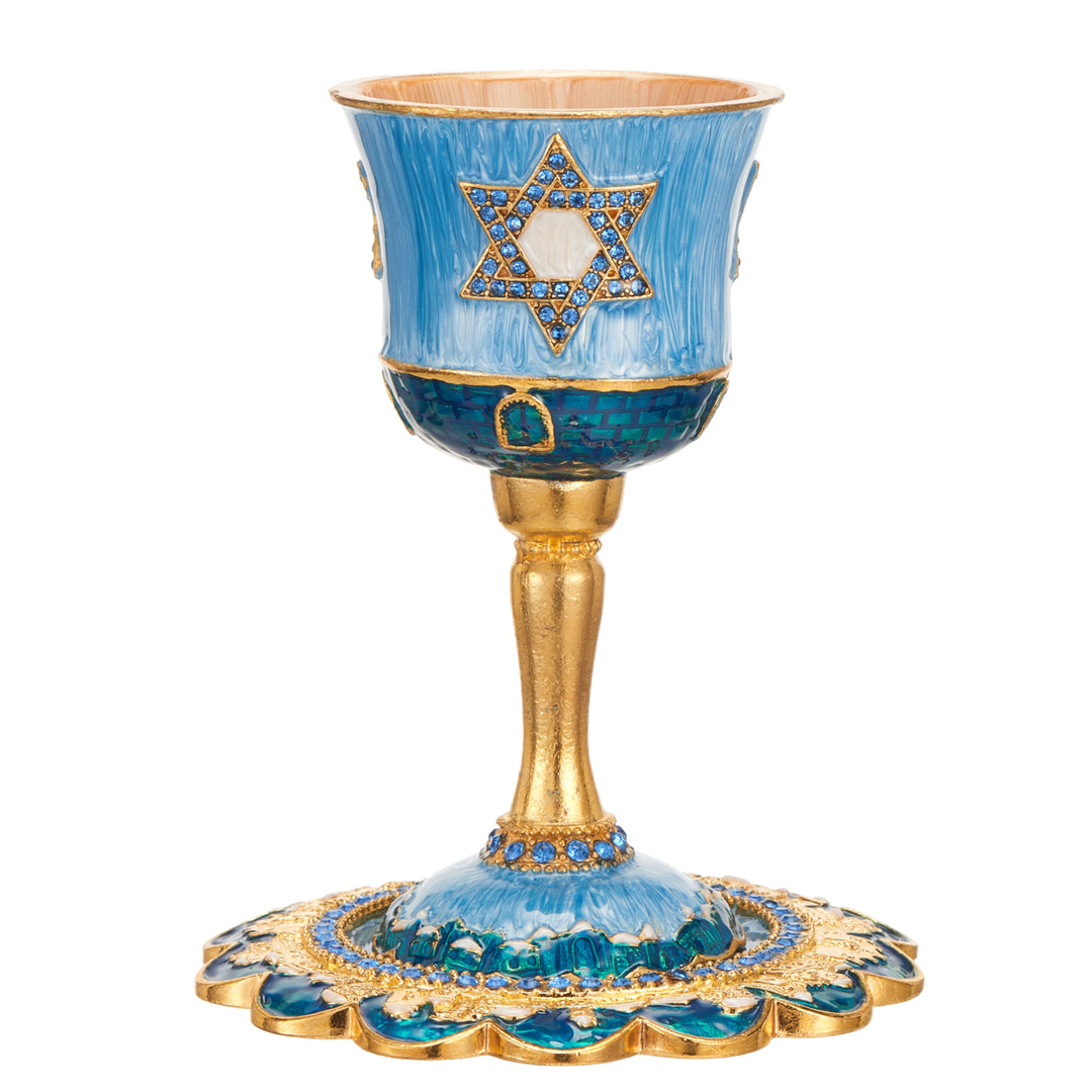 Matashi Hand-Painted Enamel Tall Kiddush Cup Set w Stem and Tray w Crystals and Star of David Design Passover Image 4