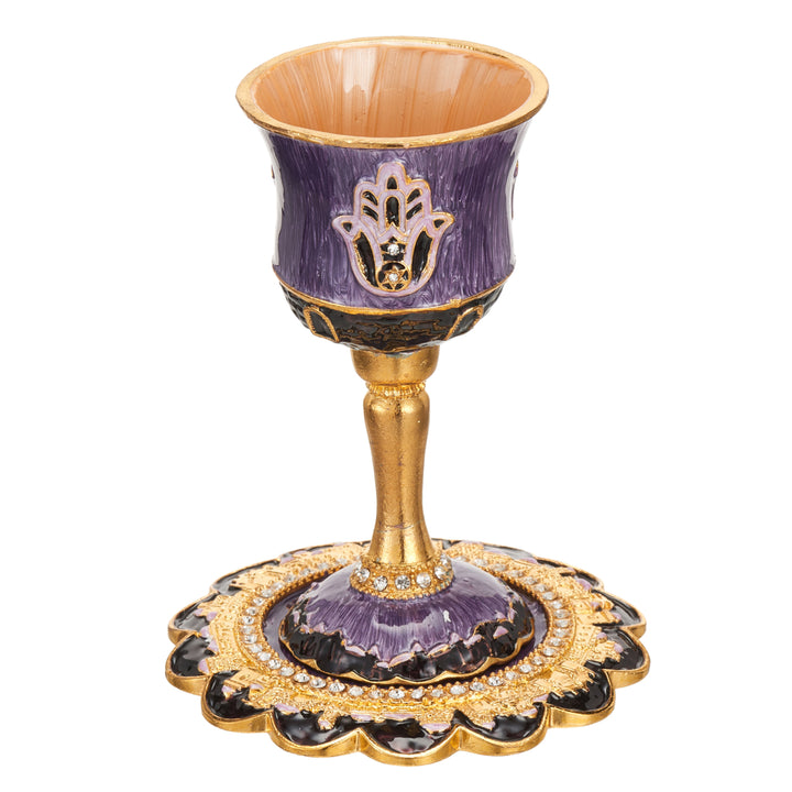 Matashi Hand-Painted Enamel Tall Kiddush Cup Set w Stem and Tray w Crystals and Hamsa Design Passover GobletJudaica Gift Image 4