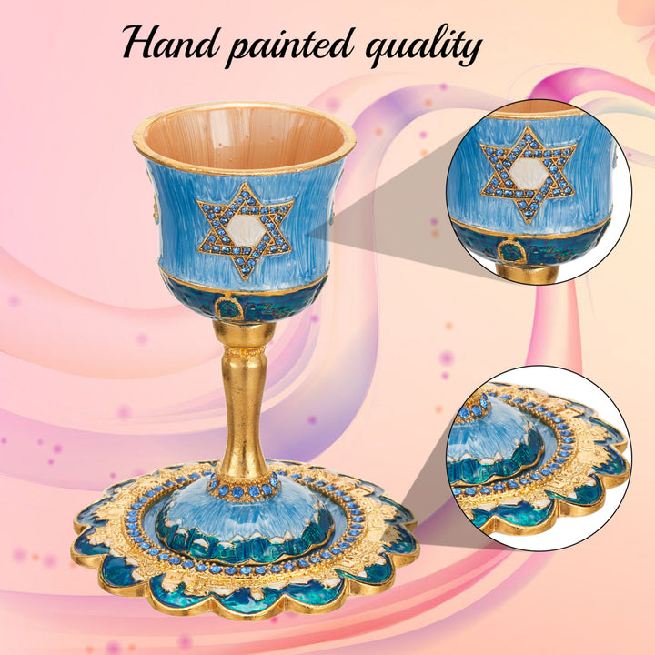 Matashi Hand-Painted Enamel Tall Kiddush Cup Set w Stem and Tray w Crystals and Star of David Design Passover Image 4