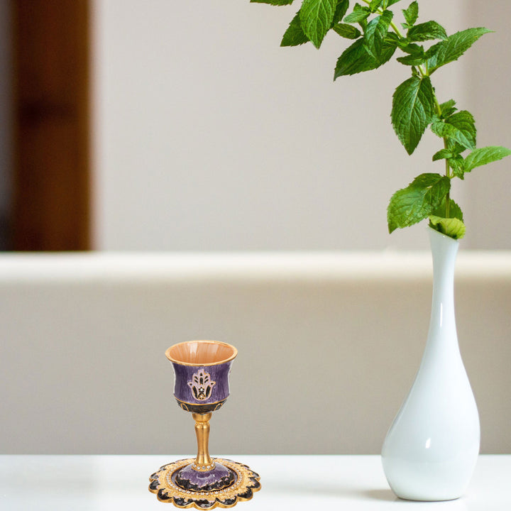 Matashi Hand-Painted Enamel Tall Kiddush Cup Set w Stem and Tray w Crystals and Hamsa Design Passover GobletJudaica Gift Image 6