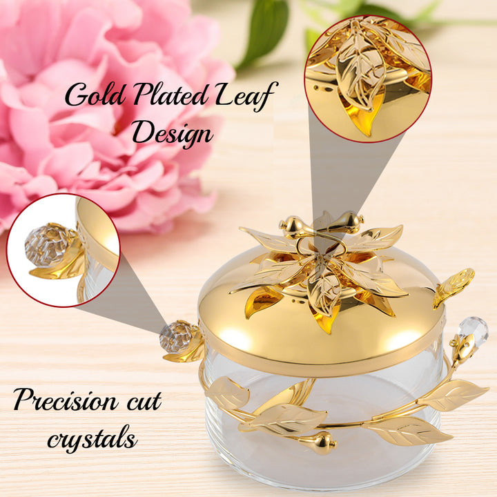Matashi 24K Gold/SIlver Plated Sugar Bowl Honey Dish Candy Dish Glass Bowl Flower and Vine Design w Spoon Gifts for Image 4