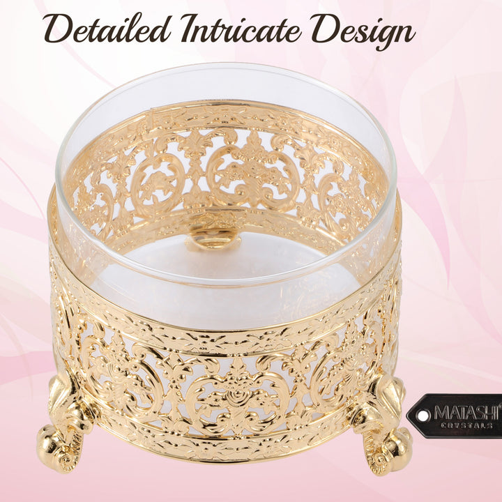 Matashi 24K Gold/SIlver Plated Sugar BowlHoney DishGlass Bowl - Detailed Intricate Design and Flower on Cover with Image 4