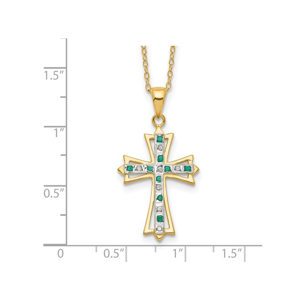 Emerald and Diamond Cross Pendant Necklace in Sterling Silver with Yellow Gold Plating and Chain Image 2