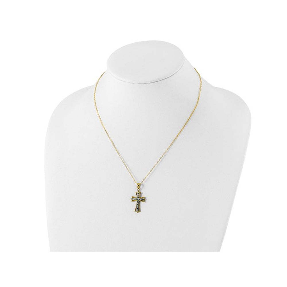 Emerald and Diamond Cross Pendant Necklace in Sterling Silver with Yellow Gold Plating and Chain Image 3