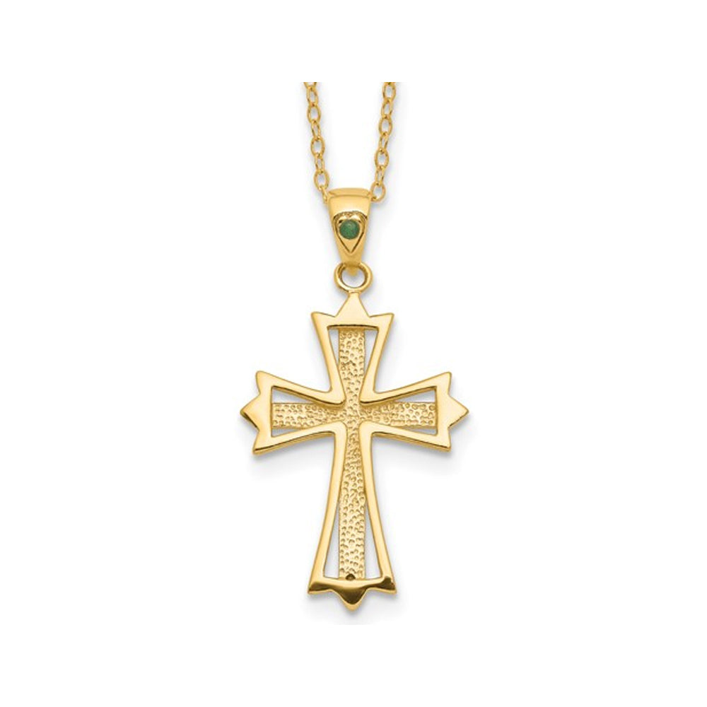 Emerald and Diamond Cross Pendant Necklace in Sterling Silver with Yellow Gold Plating and Chain Image 4