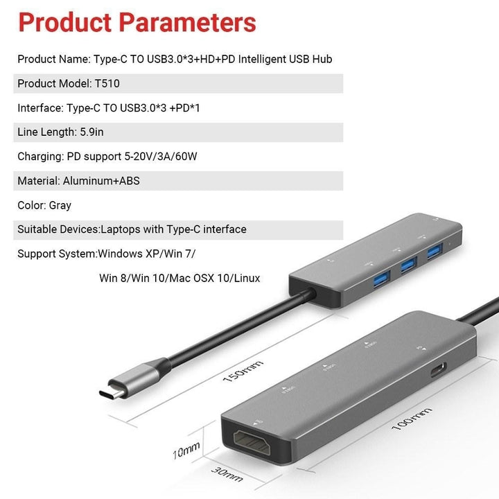 5 in 1 Hub Type-C To USB3.03+PD+HD Intelligent USB Hub Multi-port Adpater Image 8