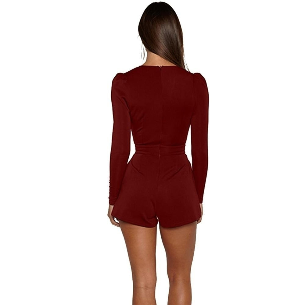 Sexy Women Jumpsuit Solid Color Plunge V Neck Long Sleeve Casual Slim Short Image 2
