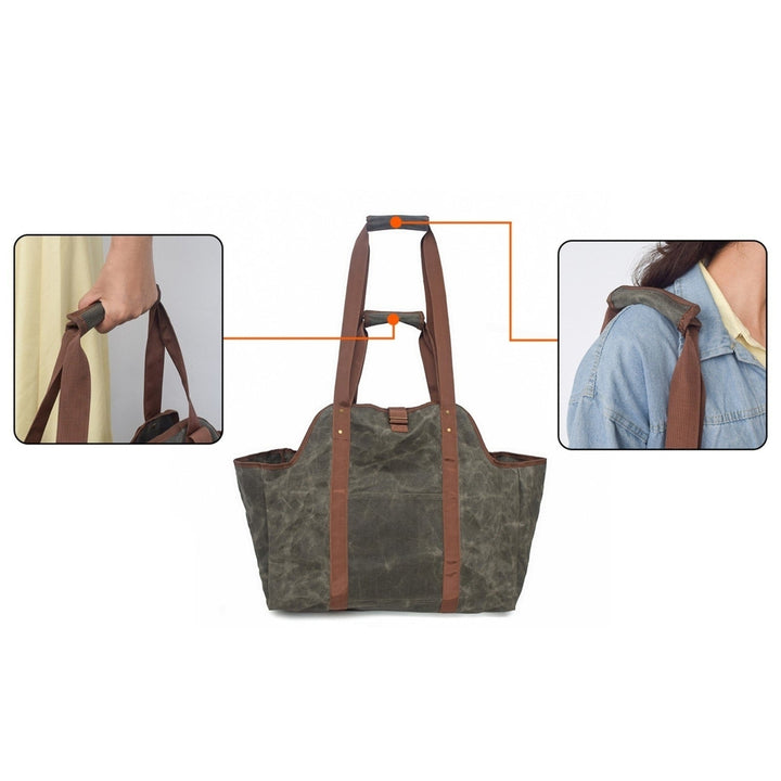 Large Firewood Bag Wax Canvas Log Carrier Tote with Pocket Image 4