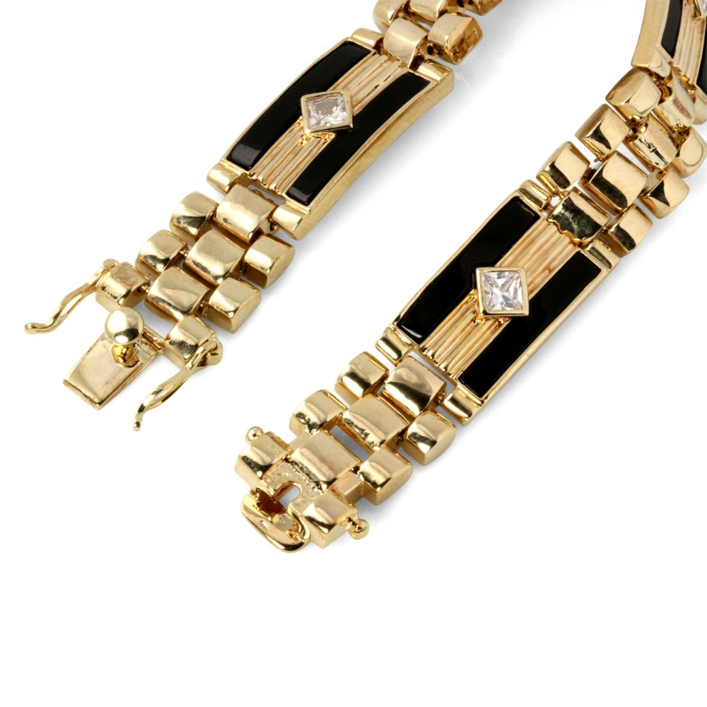 Mens 1.48 TCW Cubic Zirconia and Onyx Bar-Link Bracelet in 14k Gold-Plated Image 2
