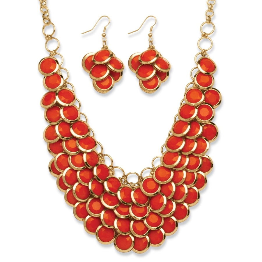 2 Piece Orange Bib Necklace and Cluster Earrings Set in Yellow Gold Tone Image 1
