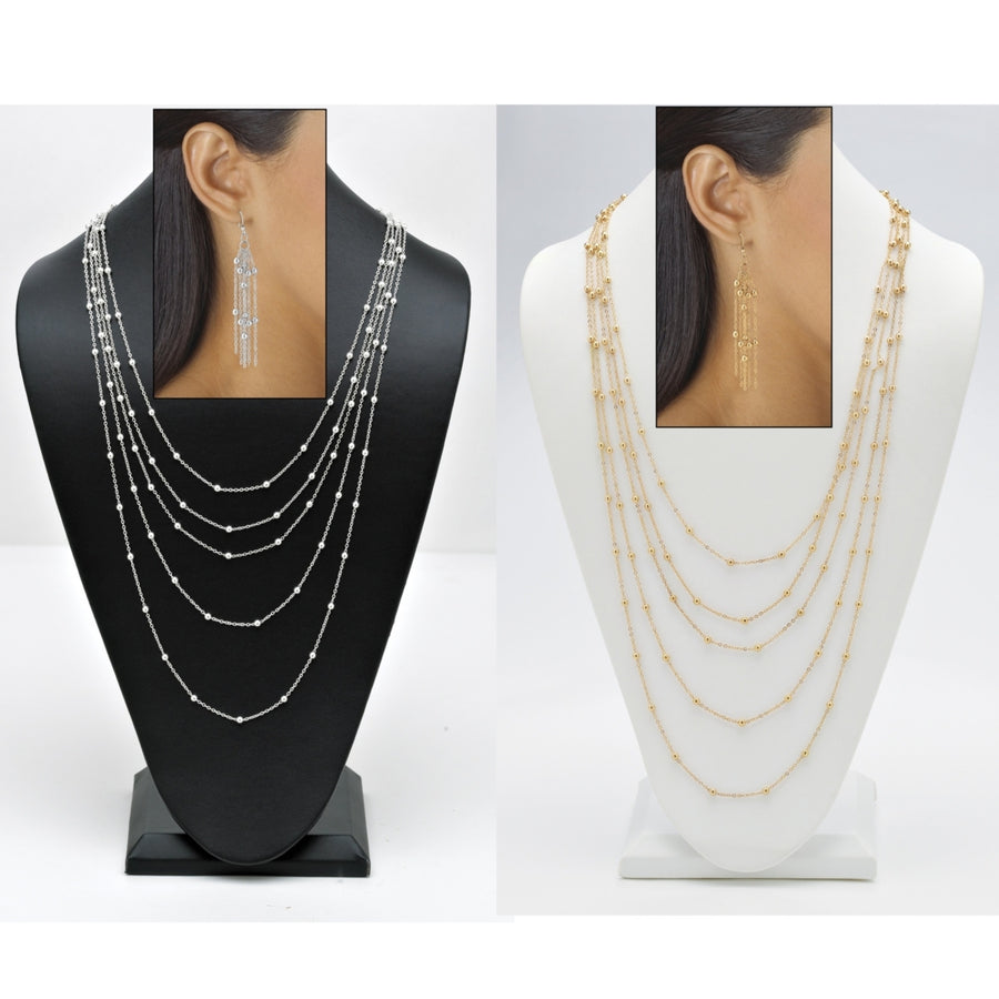 Multi-Chain Beaded Necklace and Earring Set in Silvertone with FREE Set in Yellow Gold Tone Image 1