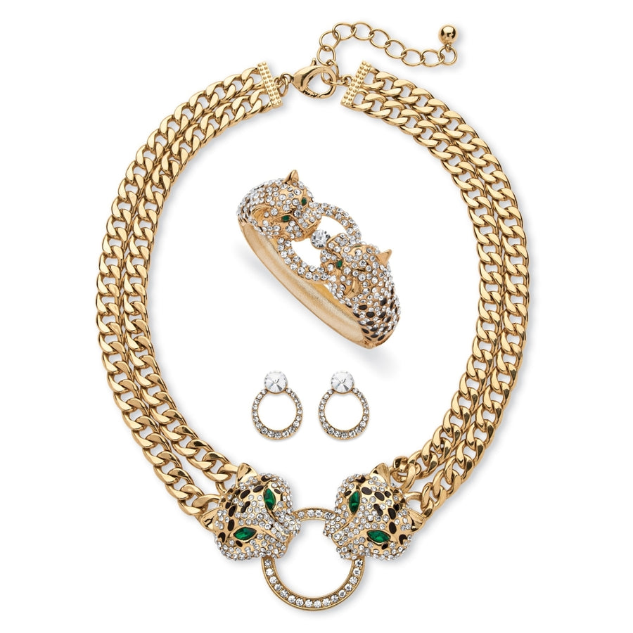 Pave Crystal Leopard Three-Piece NecklaceEarrings and Bangle Set in Gold Tone Image 1