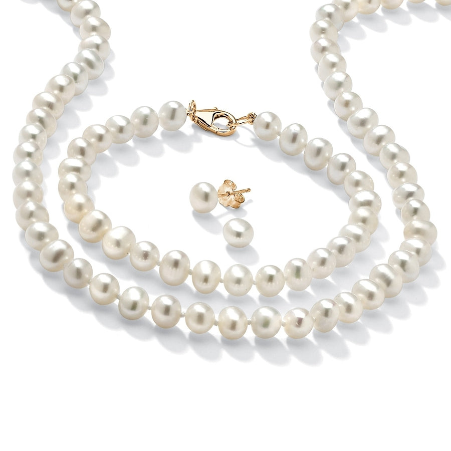 Genuine Cultured Freshwater Pearl Three-Piece Jewelry Set in 14k Gold over .925 Sterling Silver Image 1
