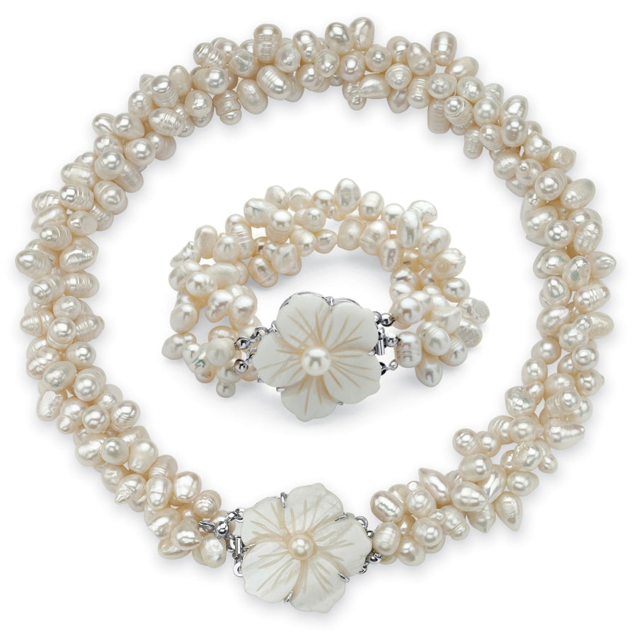 Genuine Cultured Freshwater Pearl Two-Piece Necklace and Bracelet Set in Silvertone Image 1