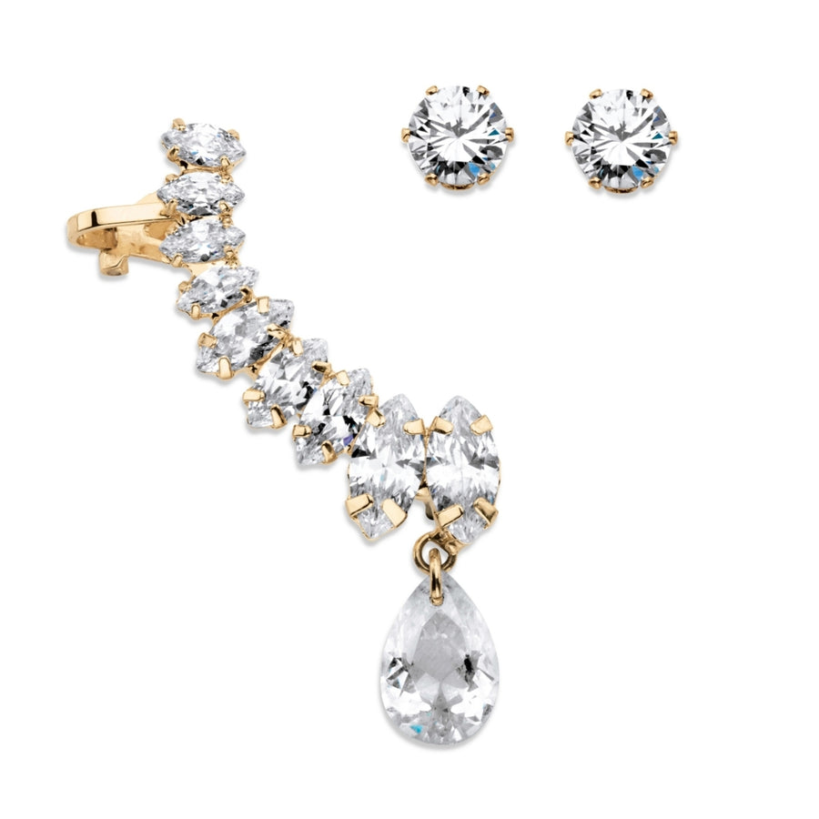 Marquise and Pear-Cut White Crystal Ear Climber Cuff and Round Stud 3-Piece Earrings Set in Gold Tone Image 1