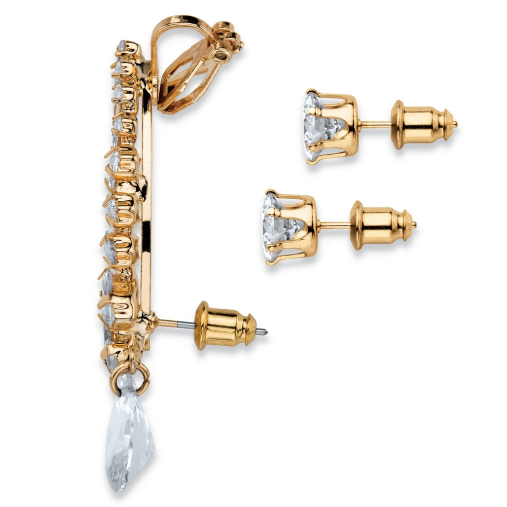 Marquise and Pear-Cut White Crystal Ear Climber Cuff and Round Stud 3-Piece Earrings Set in Gold Tone Image 2