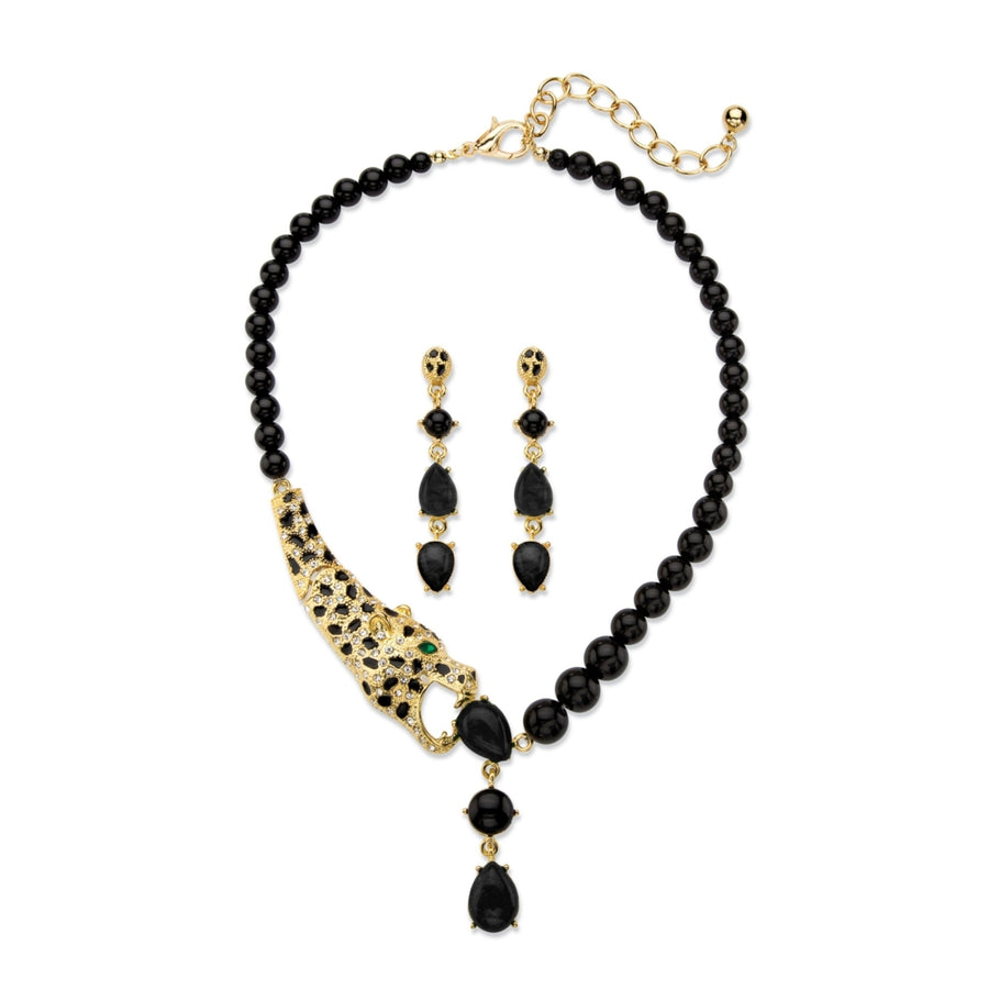 Genuine Black Onyx and Crystal  2-Piece Beaded Leopard Necklace and Drop Earrings Set in Gold Tone 18"-22" Image 1