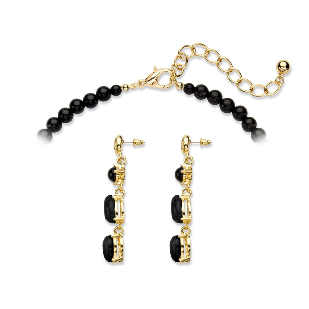 Genuine Black Onyx and Crystal  2-Piece Beaded Leopard Necklace and Drop Earrings Set in Gold Tone 18"-22" Image 2