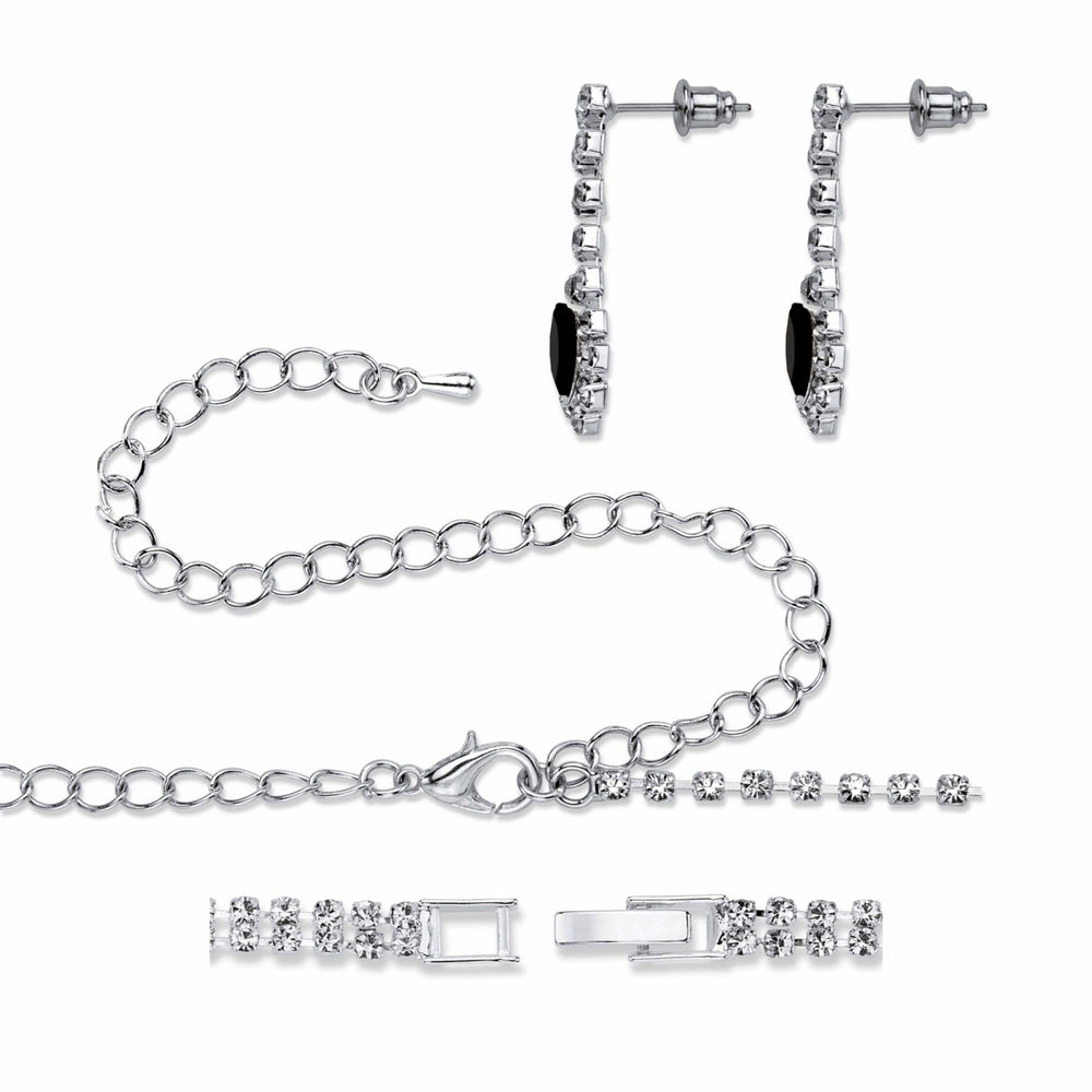 Marquise-Cut Black and White Crystal 3-Piece Halo EarringsTwisted Strand Necklace and Bracelet Set in Silvertone 18"-23" Image 2