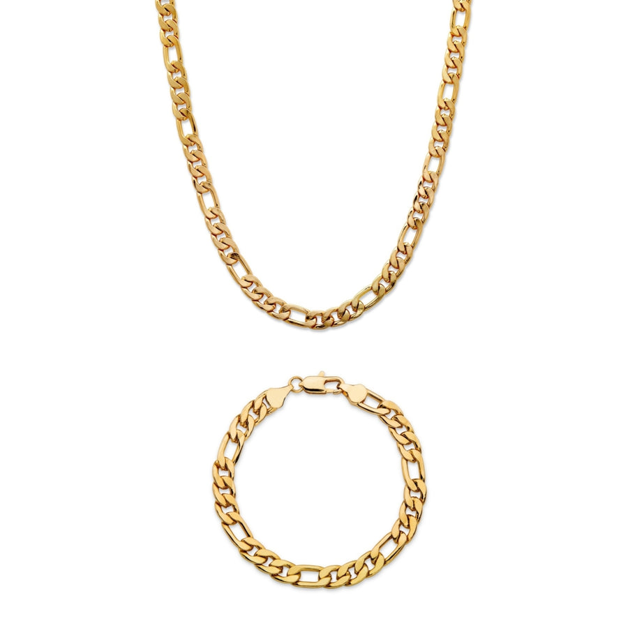 Mens Figaro-Link 2-Piece Chain Necklace and Bracelet Set Gold Ion-Plated 22" 8" (6.5mm) Image 1
