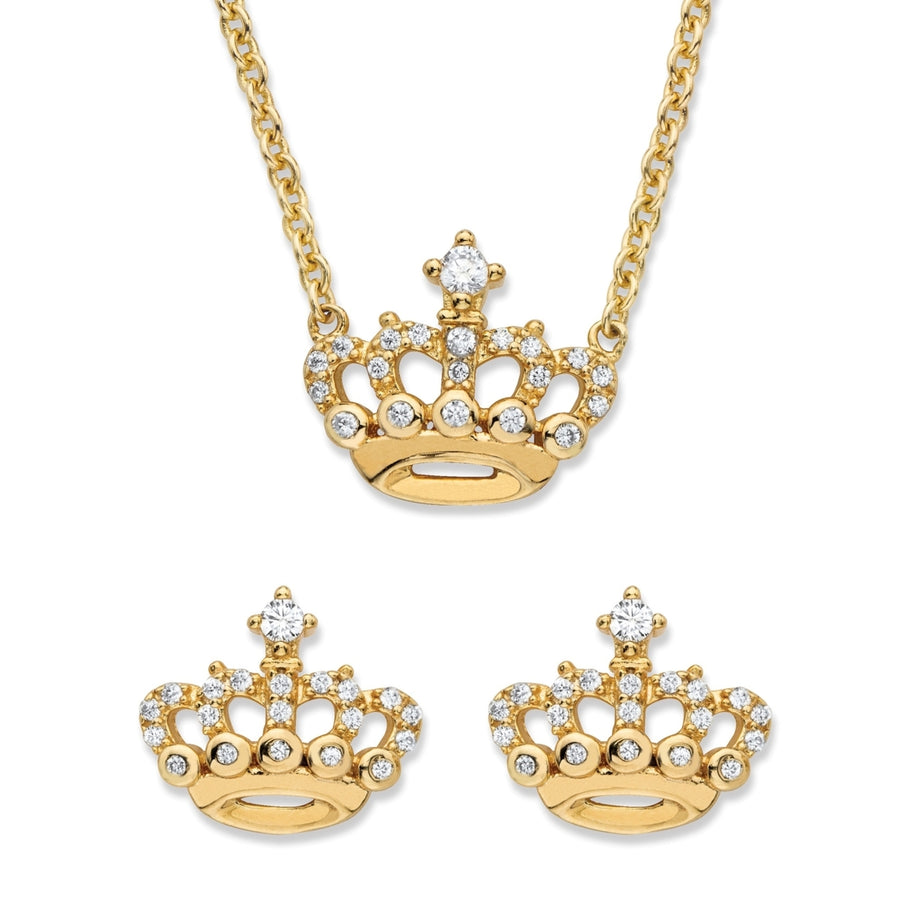 Round Cubic Zirconia 2-Piece Crown Stud Earrings and Necklace Set .48 TCW in 14k Gold over Sterling Silver 18"-20" Image 1