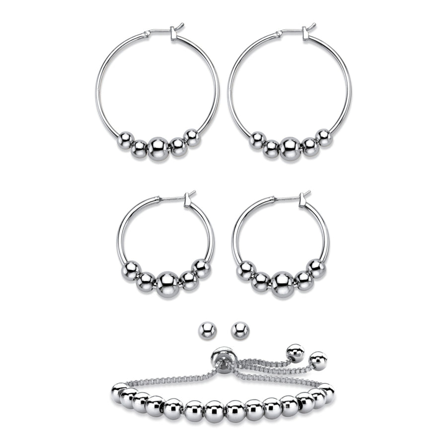 4-Piece Set of Beaded Hoop EarringsBall Studs and Adjustable Slider Bracelet in Silvertone 10" Image 1