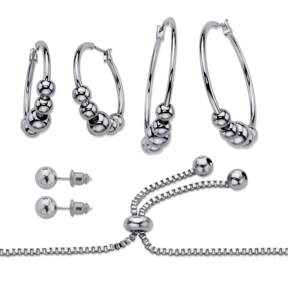 4-Piece Set of Beaded Hoop EarringsBall Studs and Adjustable Slider Bracelet in Silvertone 10" Image 2