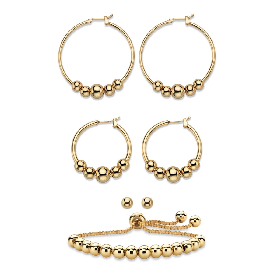 4-Piece Set of Beaded Hoop EarringsBall Studs and Slider Bracelet in Gold Tone 10" Image 1