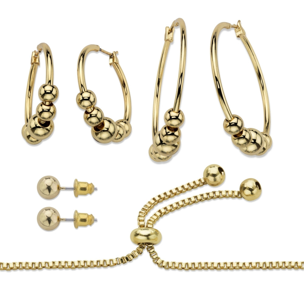 4-Piece Set of Beaded Hoop EarringsBall Studs and Slider Bracelet in Gold Tone 10" Image 2