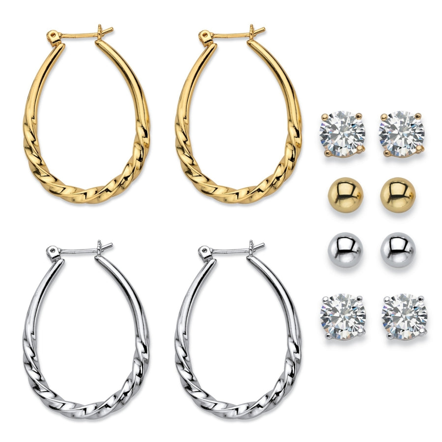 Cubic Zirconia 6-Pair Set of Stud and Twisted Hoop Earrings 8 TCW in Gold Tone and Silvertone 1" Image 1