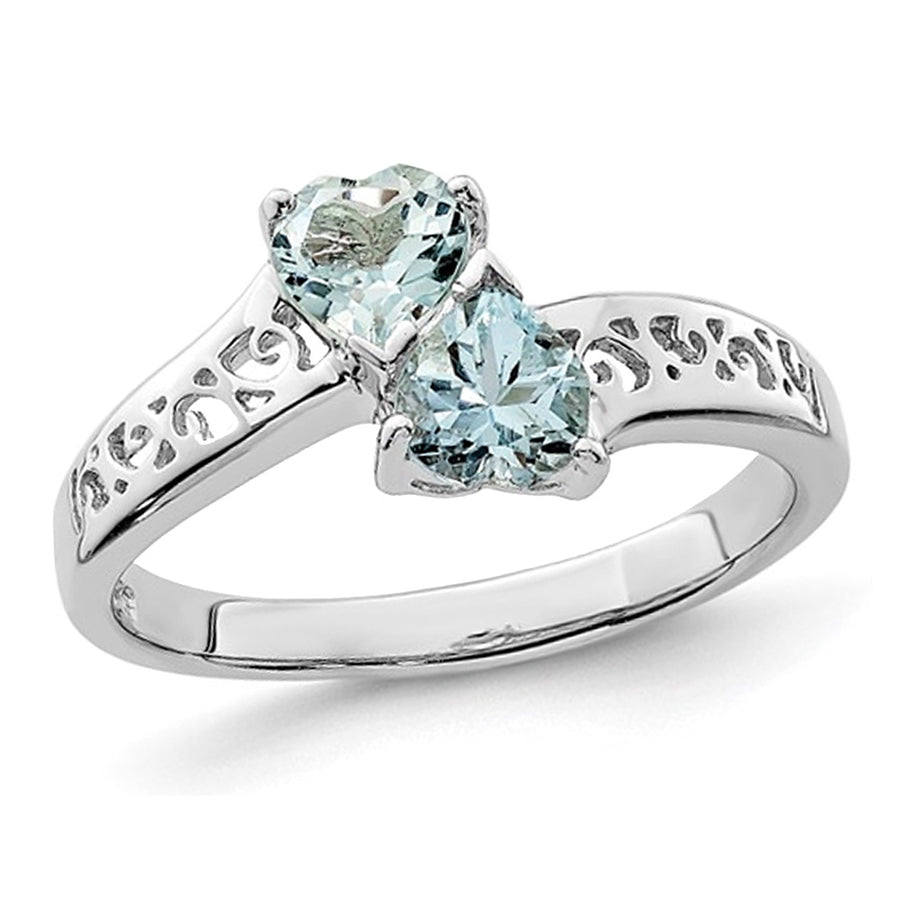 2/5 Carat (ctw) Aquamarine Double Heart Ring in Sterling Silver Image 1