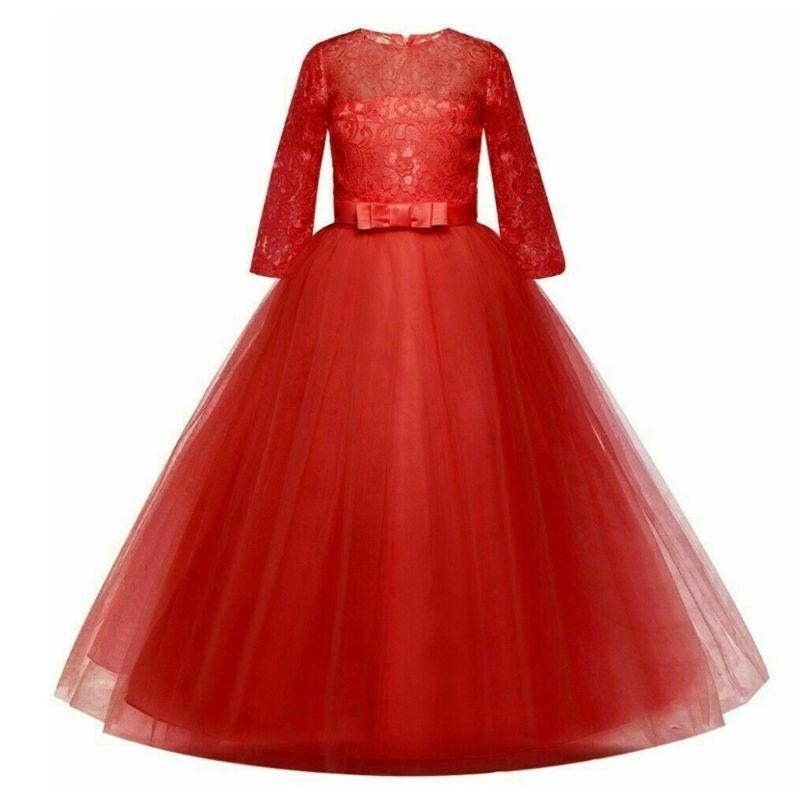 Girls Lace Formal Dress Bowknot 3/4 Sleeve Maxi Dress Wedding Performance Tutu Party Dresses Image 10