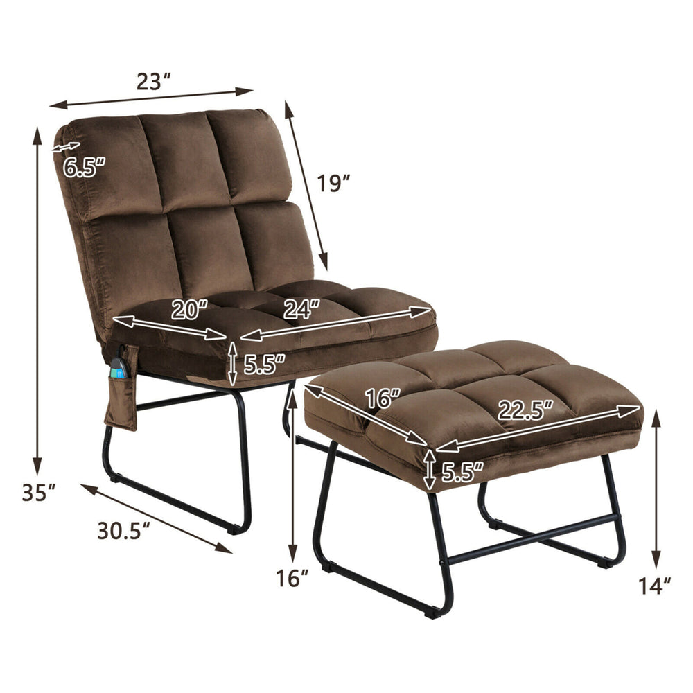 Massage Chair Velvet Accent Sofa Chair w/ Ottoman and Remote Control Brown Image 2